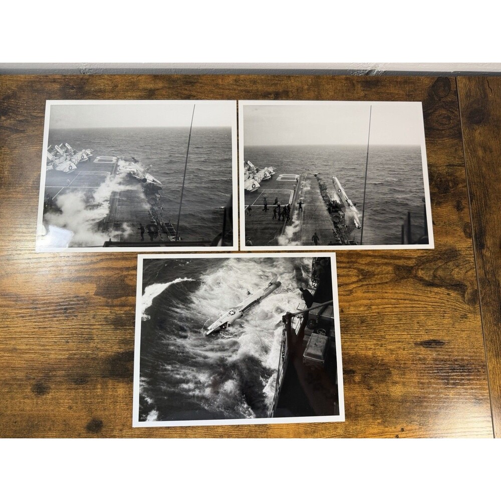USS Ticonderoga CVS-14 Aircraft Overboard Incident Photo Sequence 3pc